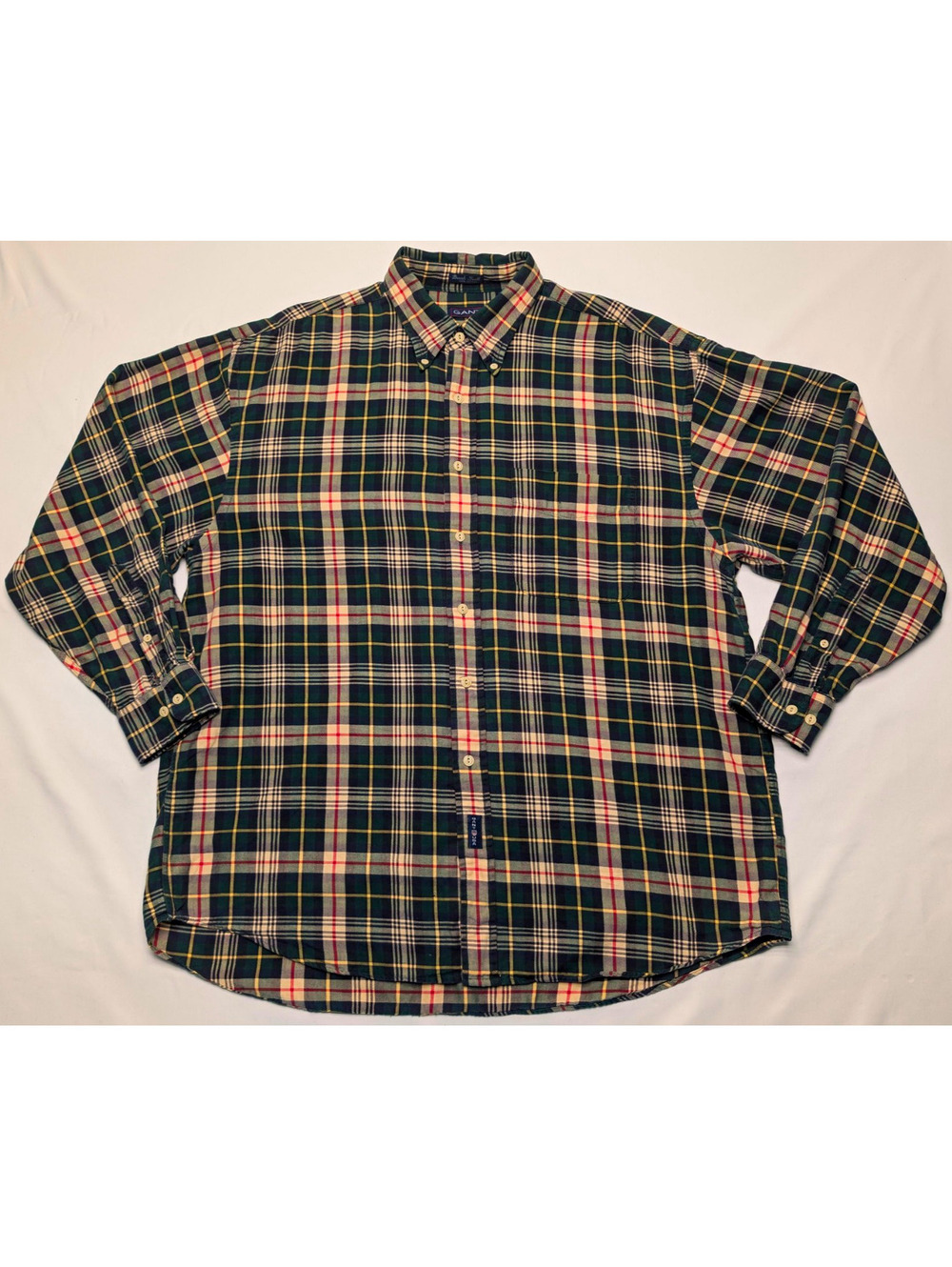 VTG 90s GANT Brush Twill LS Green Navy Plaid Cotton Button Down Shirt Sz XL